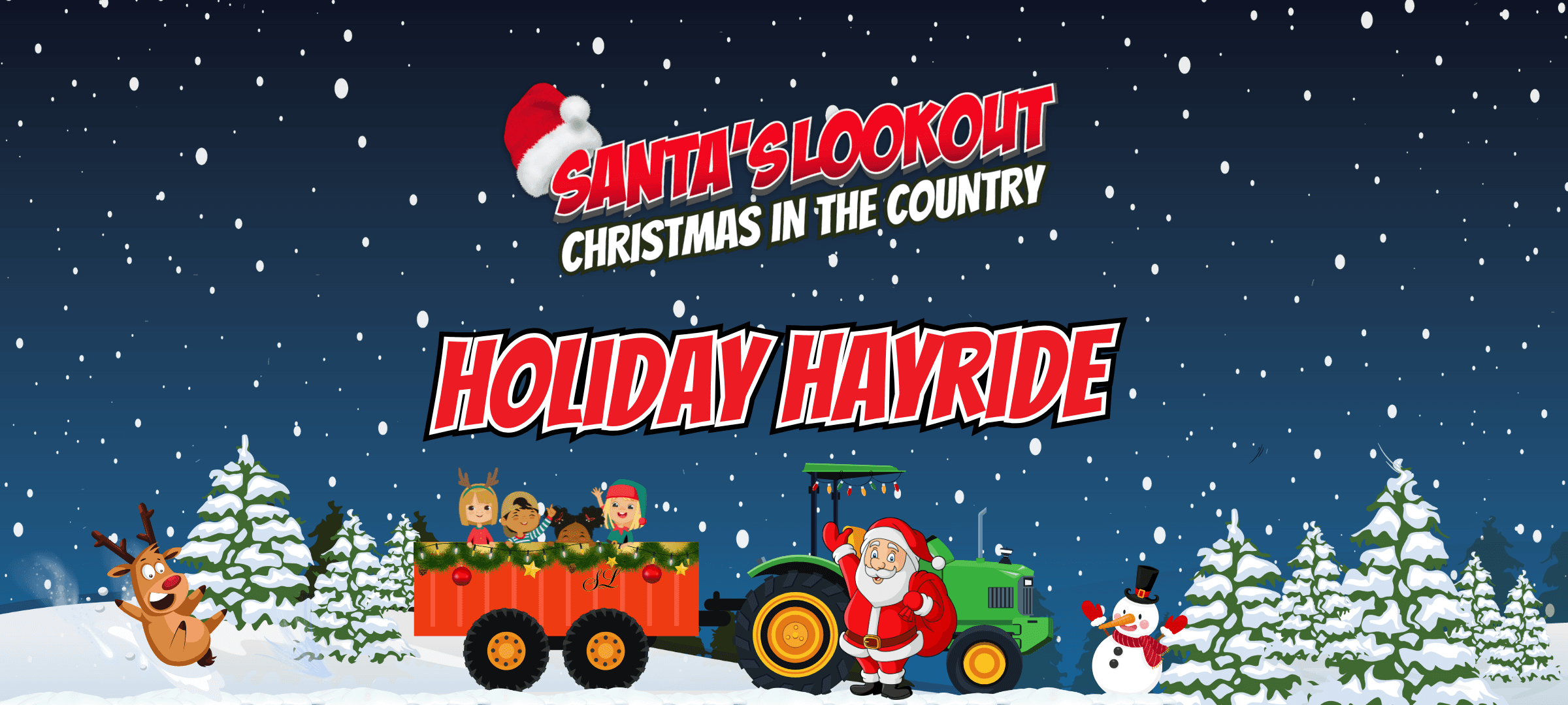 Holiday hayride behind tractor through snowy pine forest