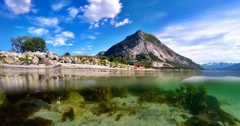 Scenic mountain lake panorama with crystal water and rocky shore