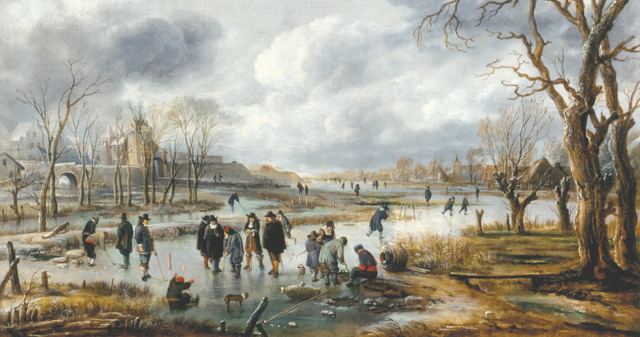 People ice skating on frozen river in winter landscape painting