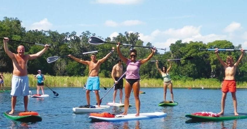 Group stand-up paddleboarding on sunny lake, people celebrating