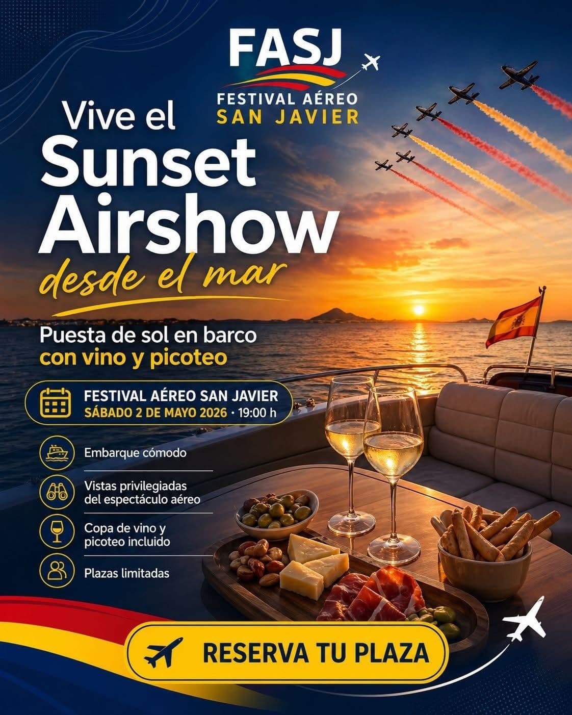 Sunset Sail and San Javier Airshow: Mar Menor Evening Cruise with Snacks & Drinks