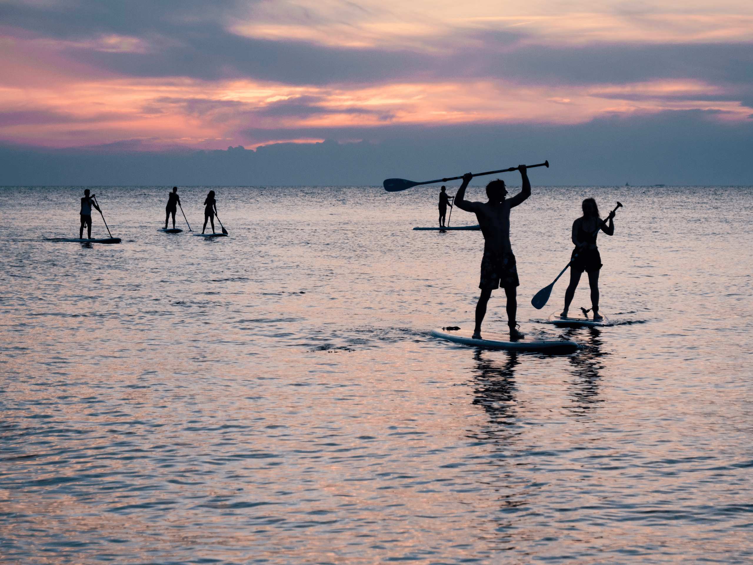 Stand-up paddleboarders silhouetted at Capitola beach sunset