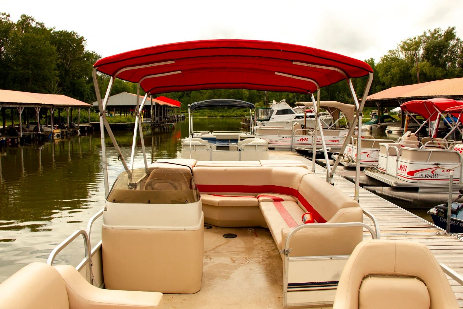 Interior deck view of pontoon boat at Scugog Island Marina