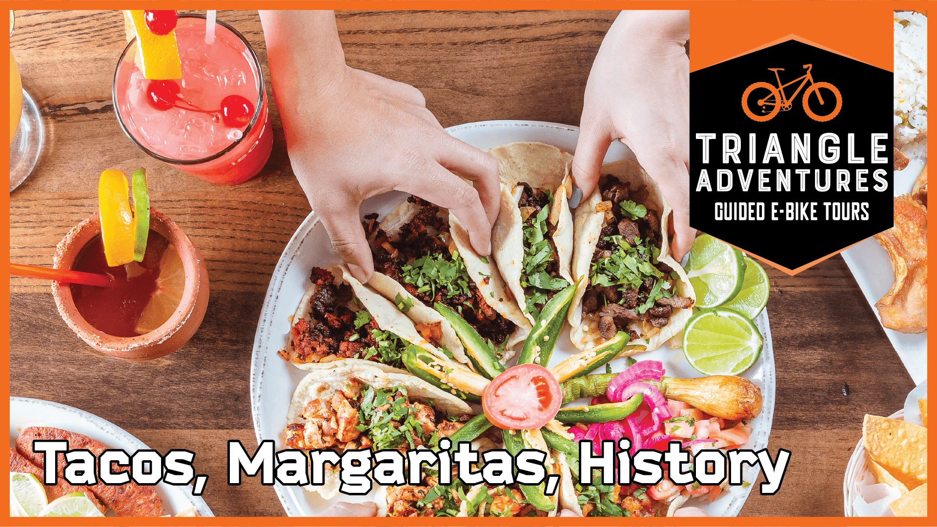 Tacos and margaritas shared over rustic table for food tour