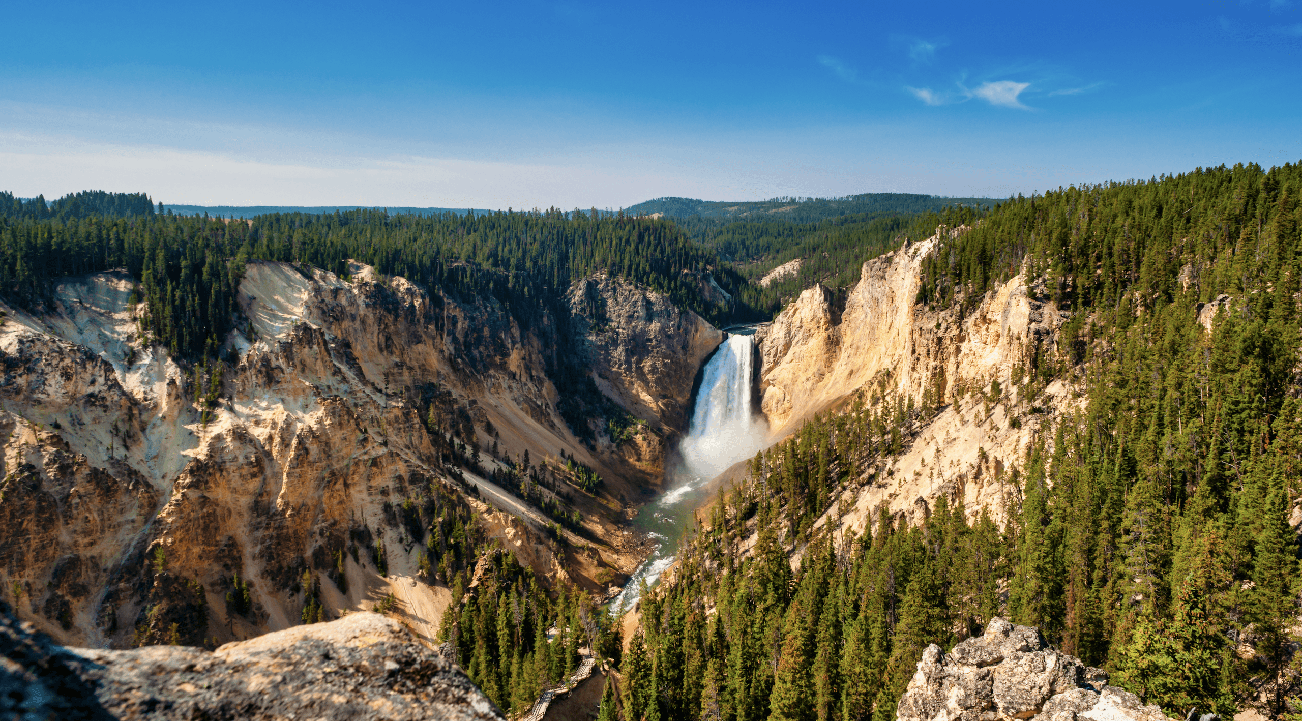 Panoramic waterfall and canyon vista in Yellowstone National Park