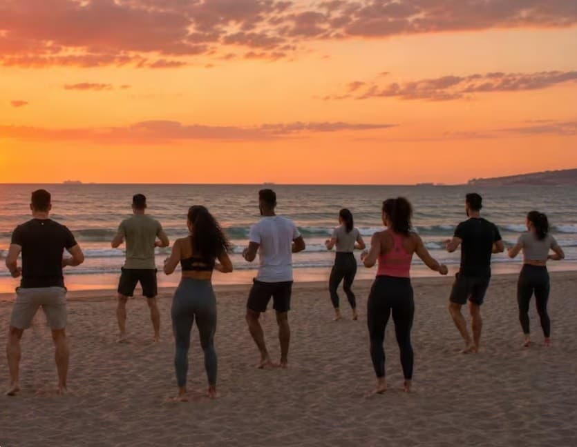 Group salsa class holding hands on beach at sunset