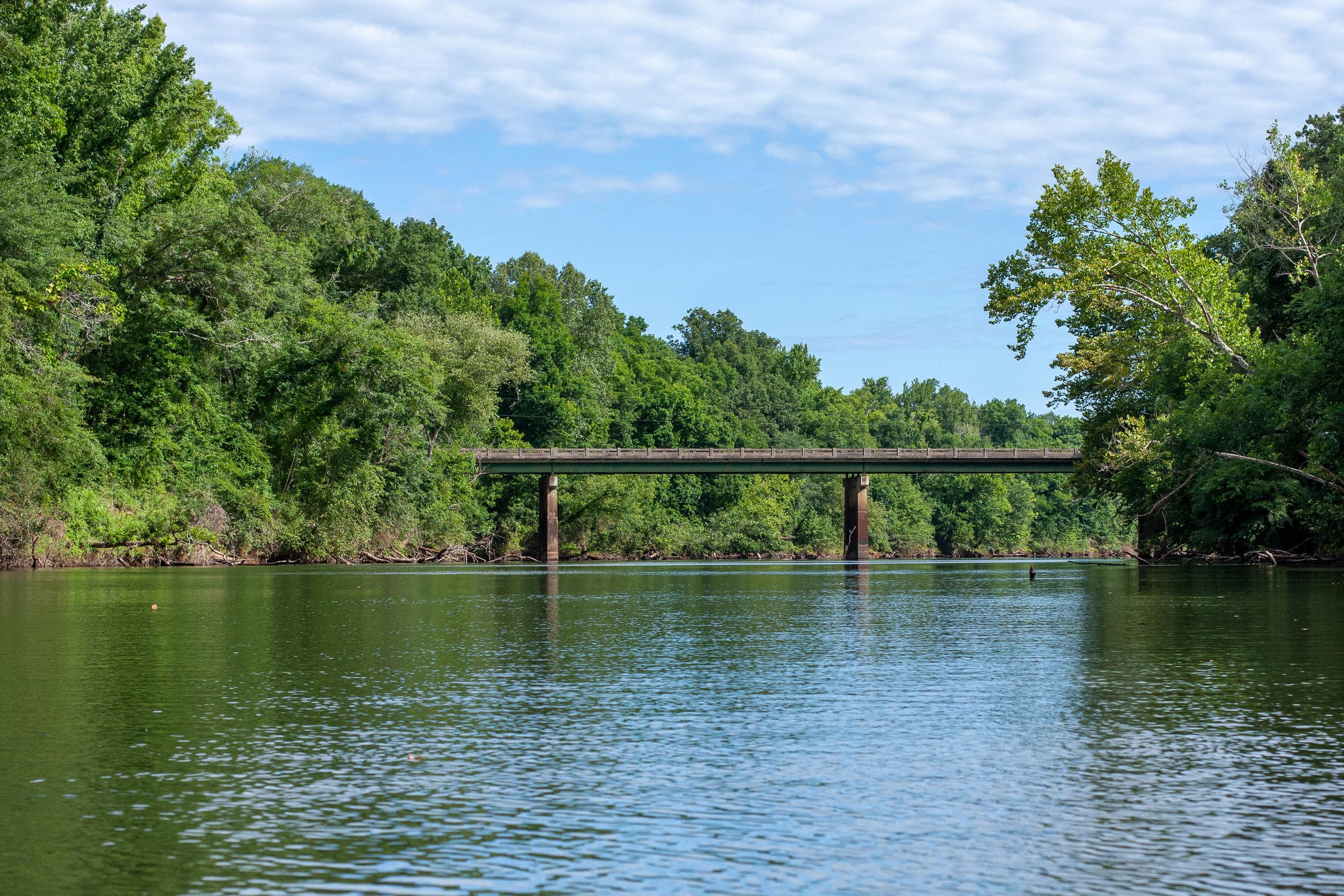Scenic river view with distant bridge over calm water