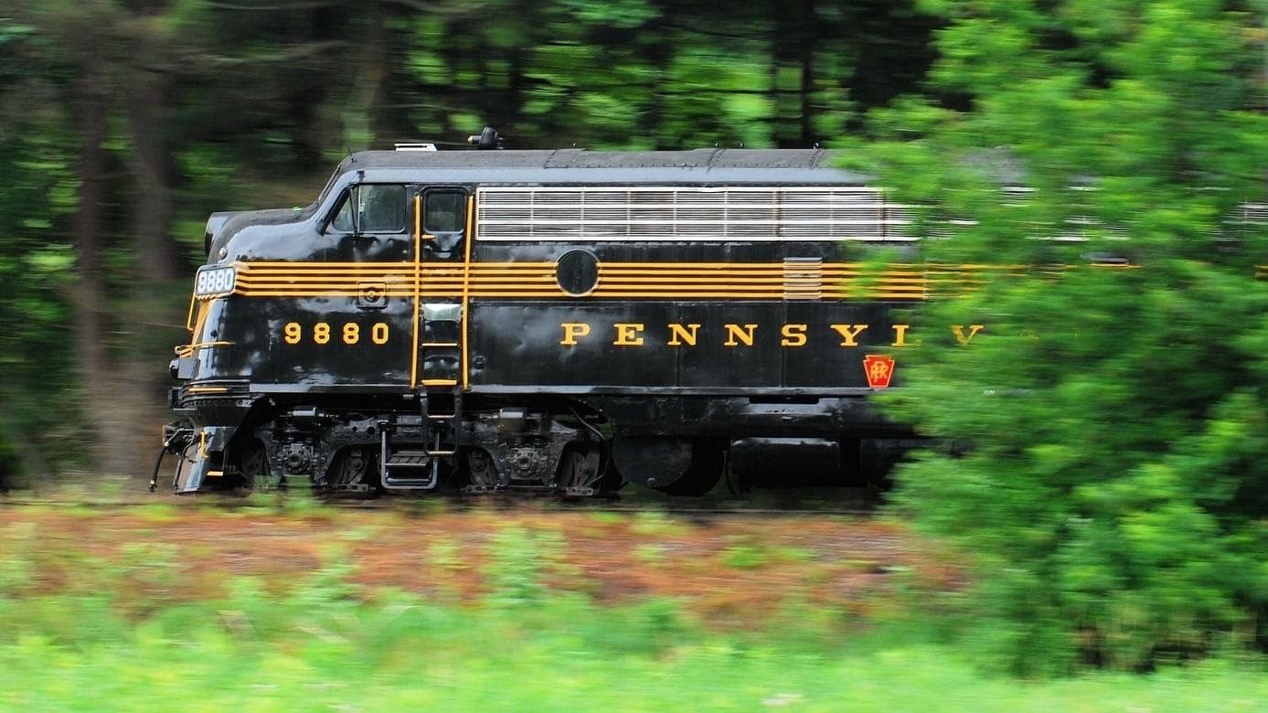 Black diesel locomotive speeding through lush forested countryside