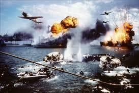 Historic aerial attack depiction of Pearl Harbor battle, WWII