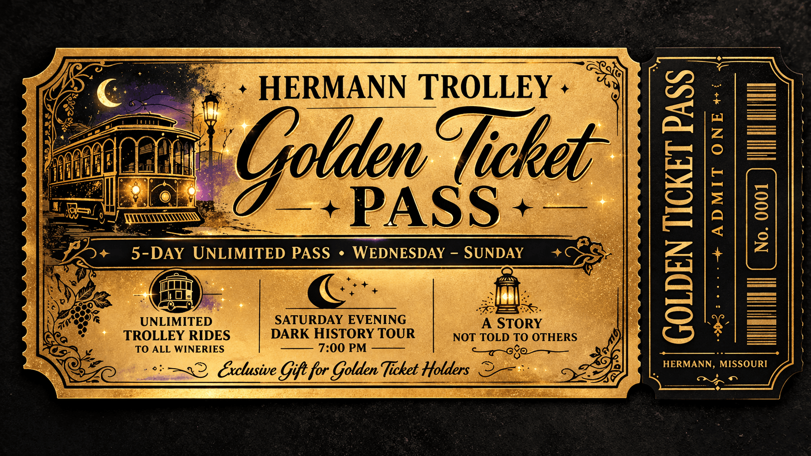 Golden Ticket Pass: Unlimited Hermann Trolley to Wineries and Distilleries