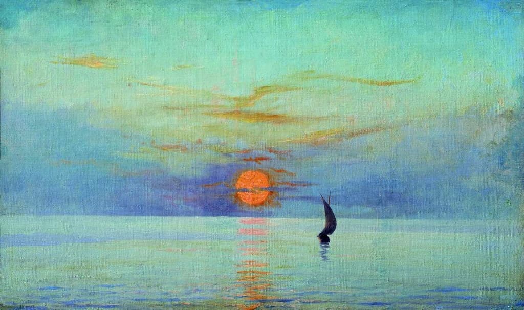 Sunset over calm sea with lone sailboat on horizon, coastal