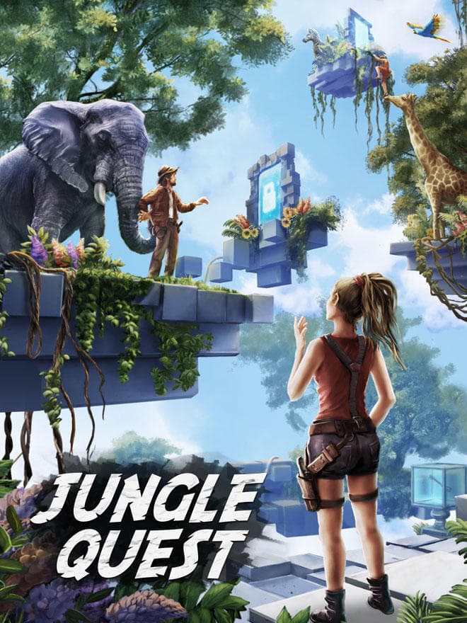 Jungle explorers trekking past ruins with elephants, tropical