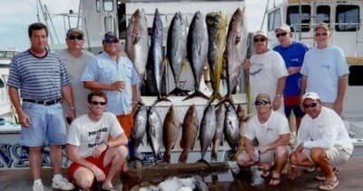 Anglers with large offshore catch displayed at HarborWalk marina