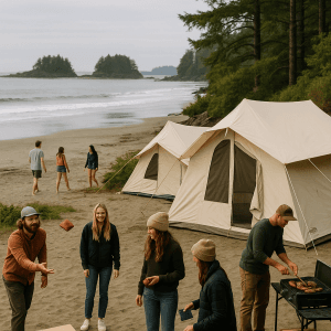 Friends camping with canvas tents on remote sandy beach