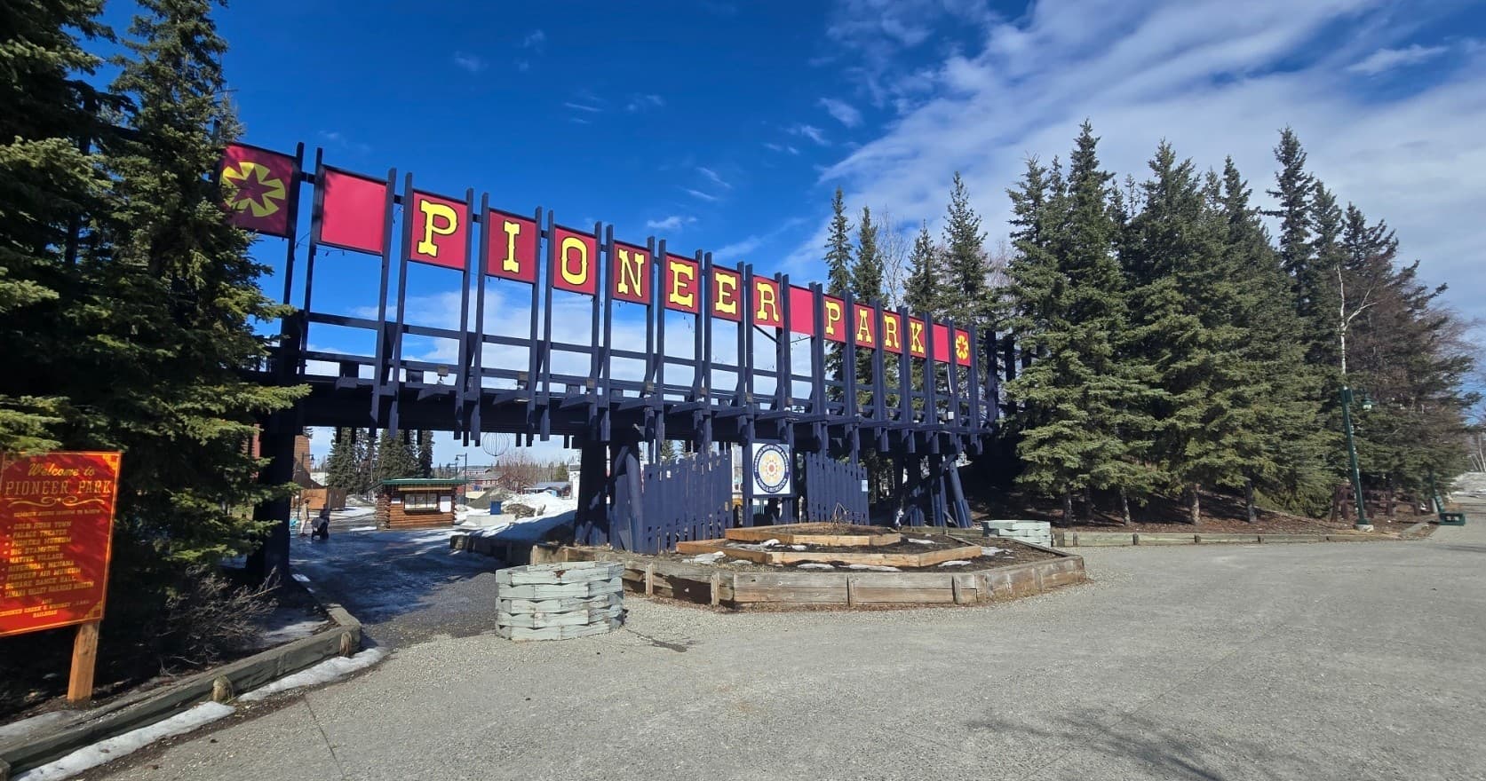 Historic Pioneer Park entrance and outdoor plaza in Fairbanks