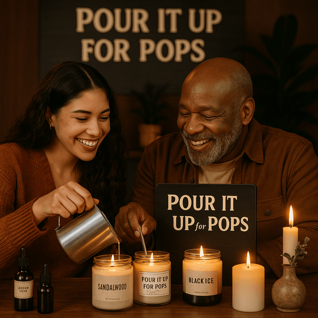 Smiling duo pouring candles at artisan candle-making demo table