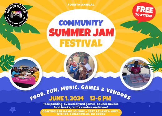 Community summer jam festival outdoors with palm-lined stage