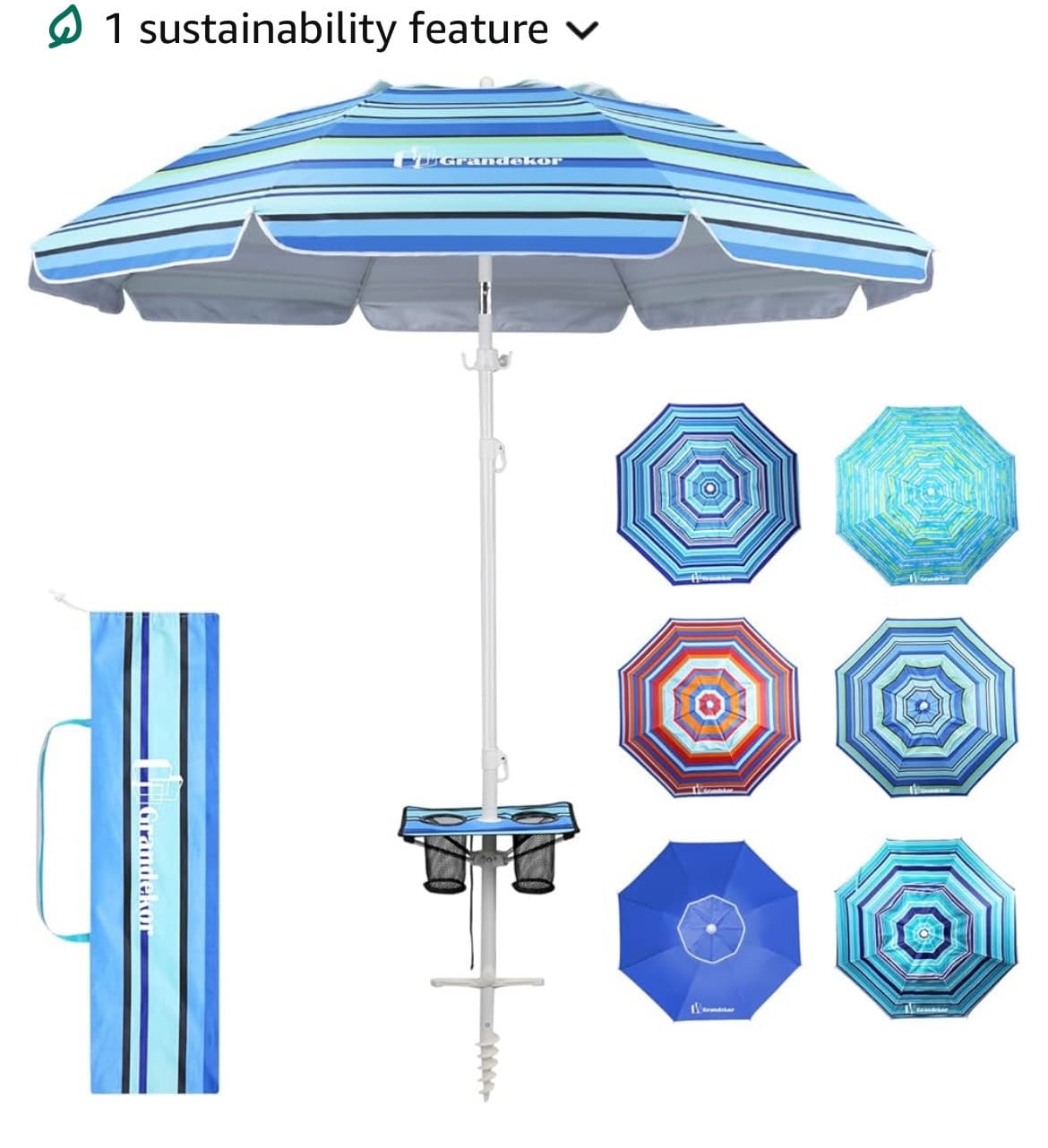 Striped beach umbrella with sand anchor for sunny shore shade