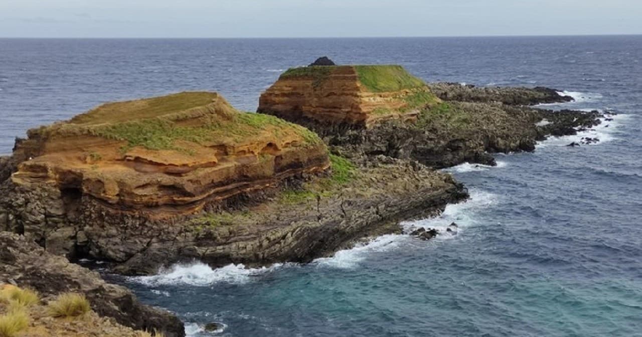 Ocean islets and rugged coastline panoramic view in Azores