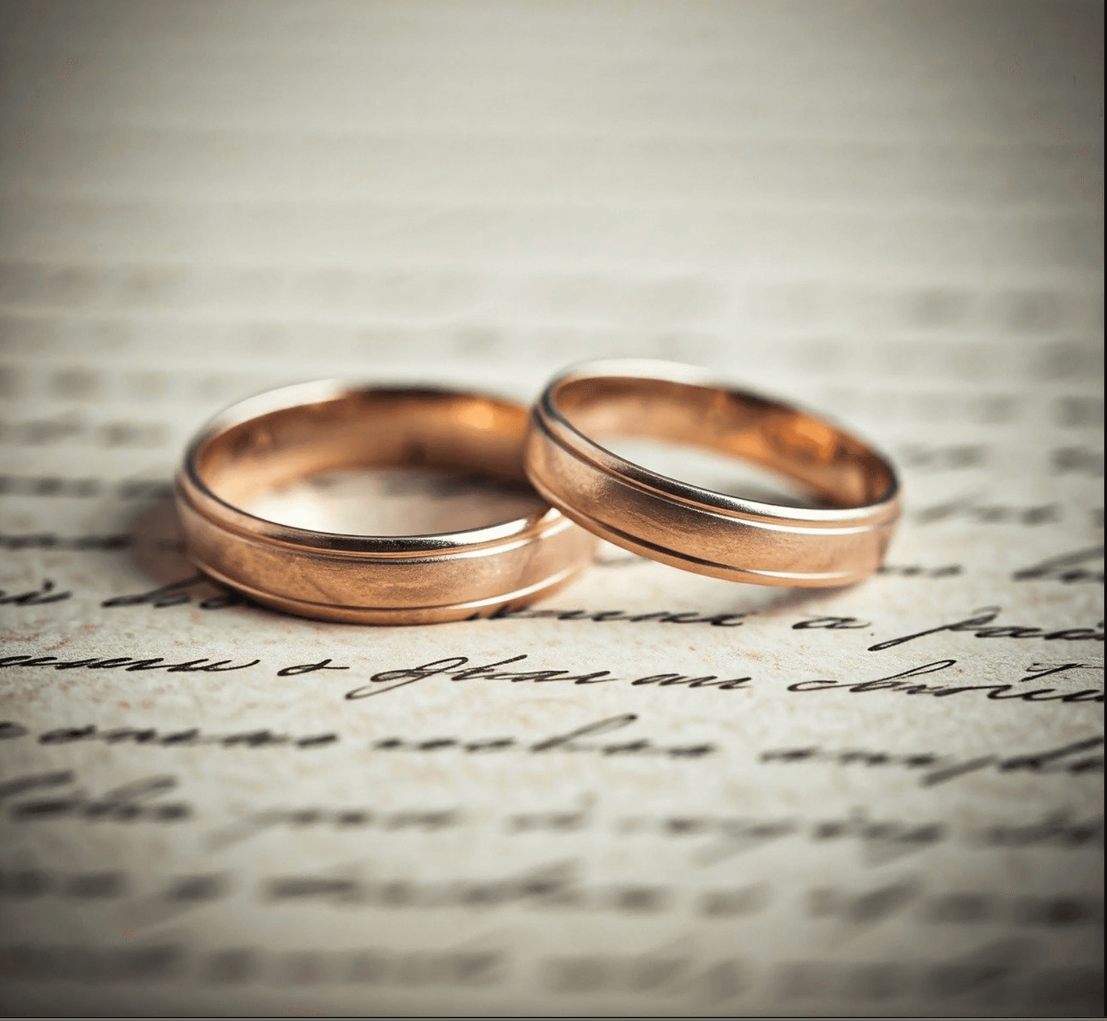 Wedding rings on vintage handwritten letter, romantic close-up