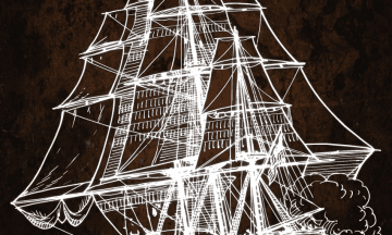 Detailed white sailing ship sketch on dark rustic backdrop, nautical art