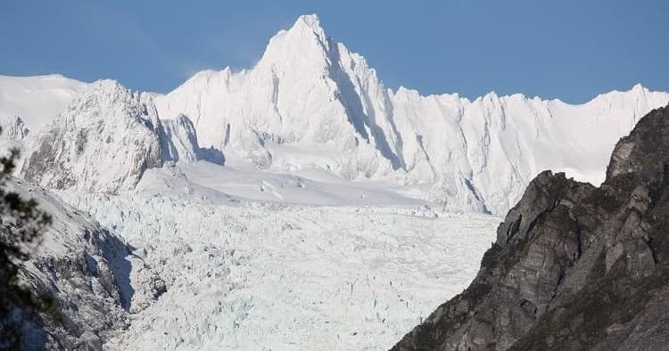 Distant glacier framed by peaks, panoramic icefield landscape
