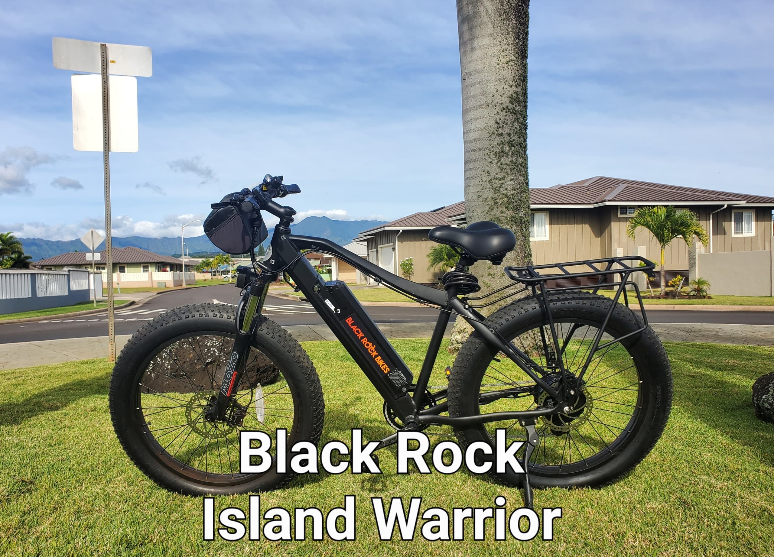 E-bike parked on coastal lawn with panoramic ocean view, Kauai