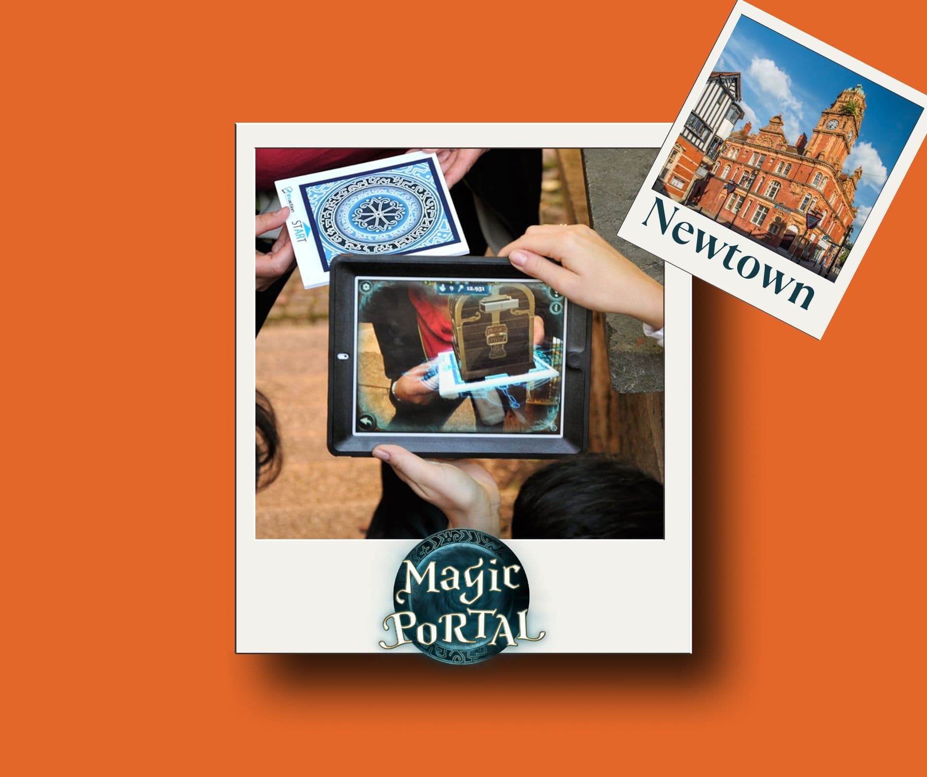 Tablet-based puzzle reveal in escape room setting, hands interacting