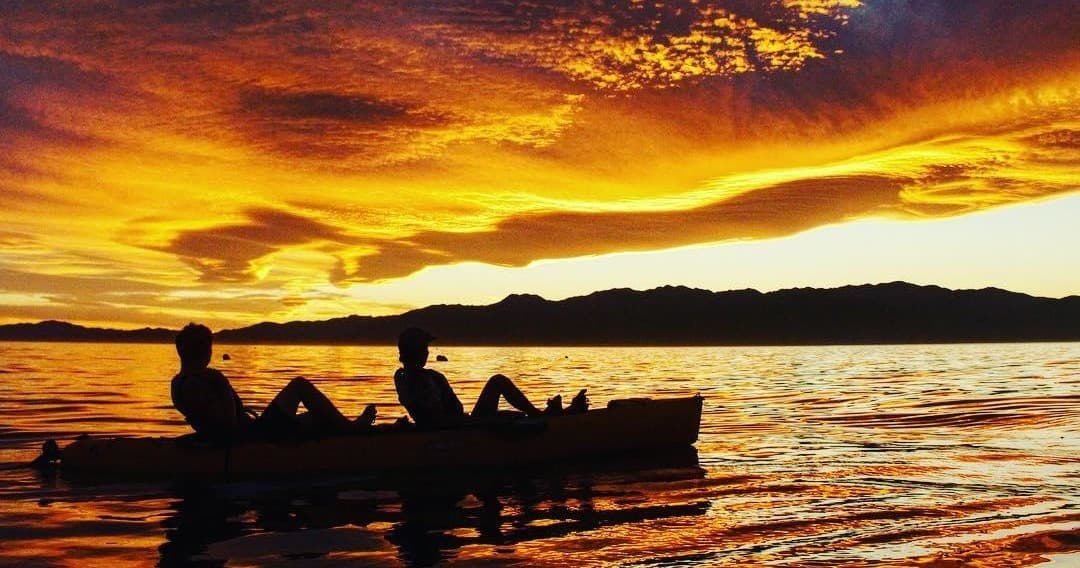 Silhouetted kayakers paddling at golden sunset over ocean