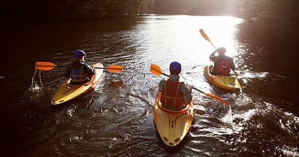 Three kayakers paddling at sunset on calm river adventure