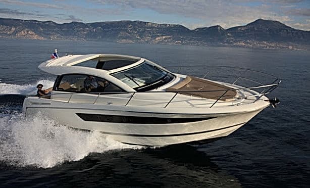 High-speed motorboat cutting through Mediterranean waters, action ride