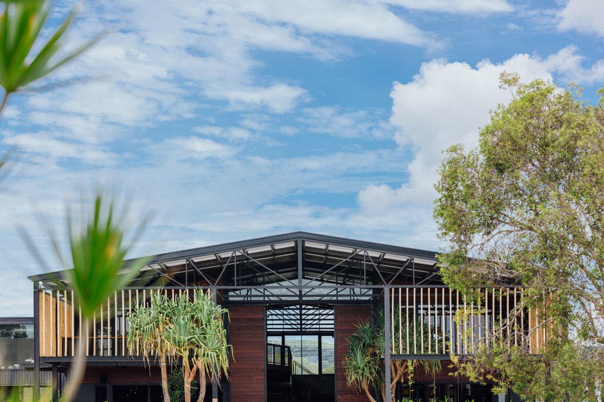 Brewery exterior with tropical trees under blue sky, coastal setting