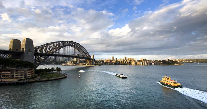 Ferry crossing Sydney Harbour with Harbour Bridge vistas