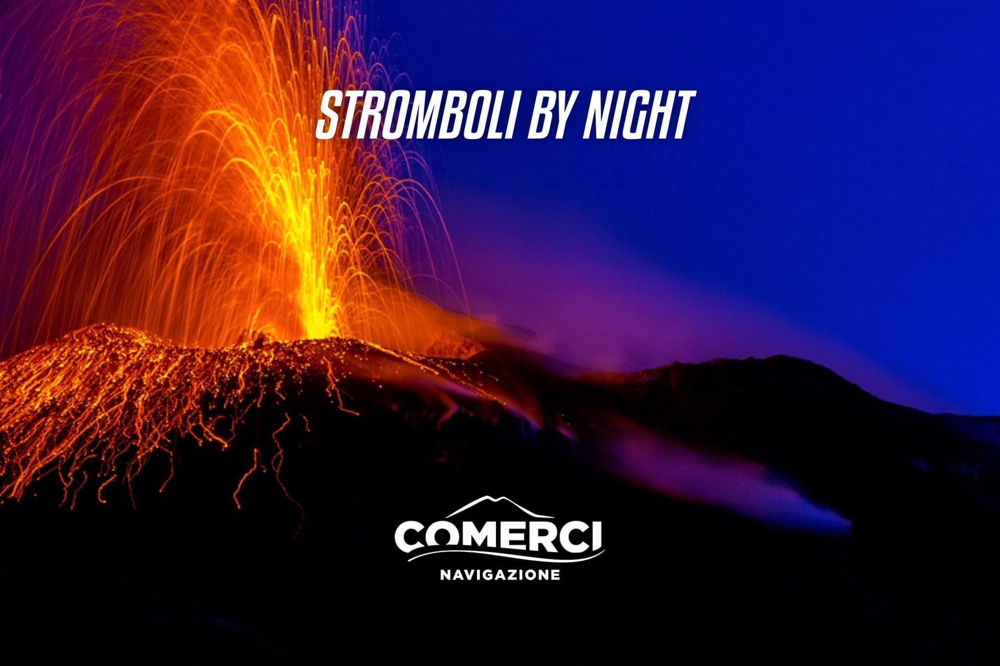 Nighttime Stromboli volcano eruption viewed from boat tour