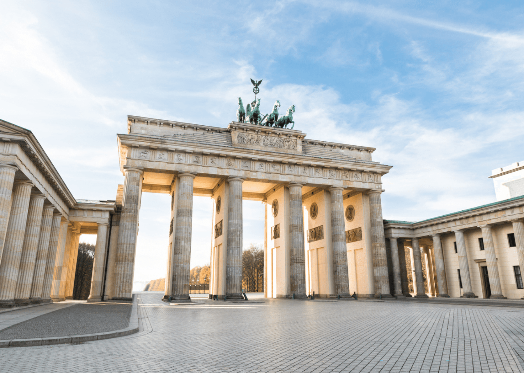 Brandenburg Gate in Berlin, wide plaza at daylight