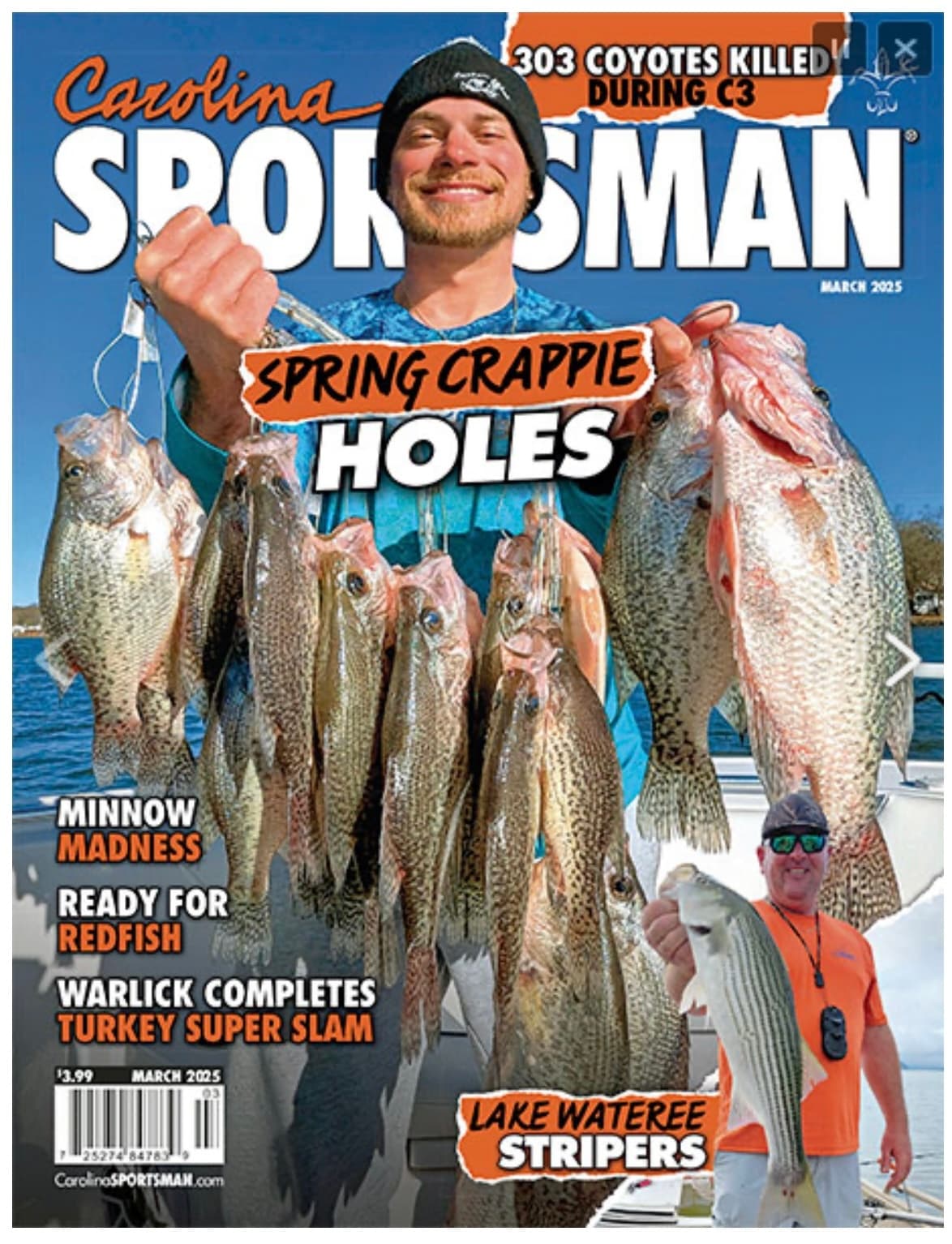 Angler displaying spring crappie and stripers on Carolina Sportsman cover