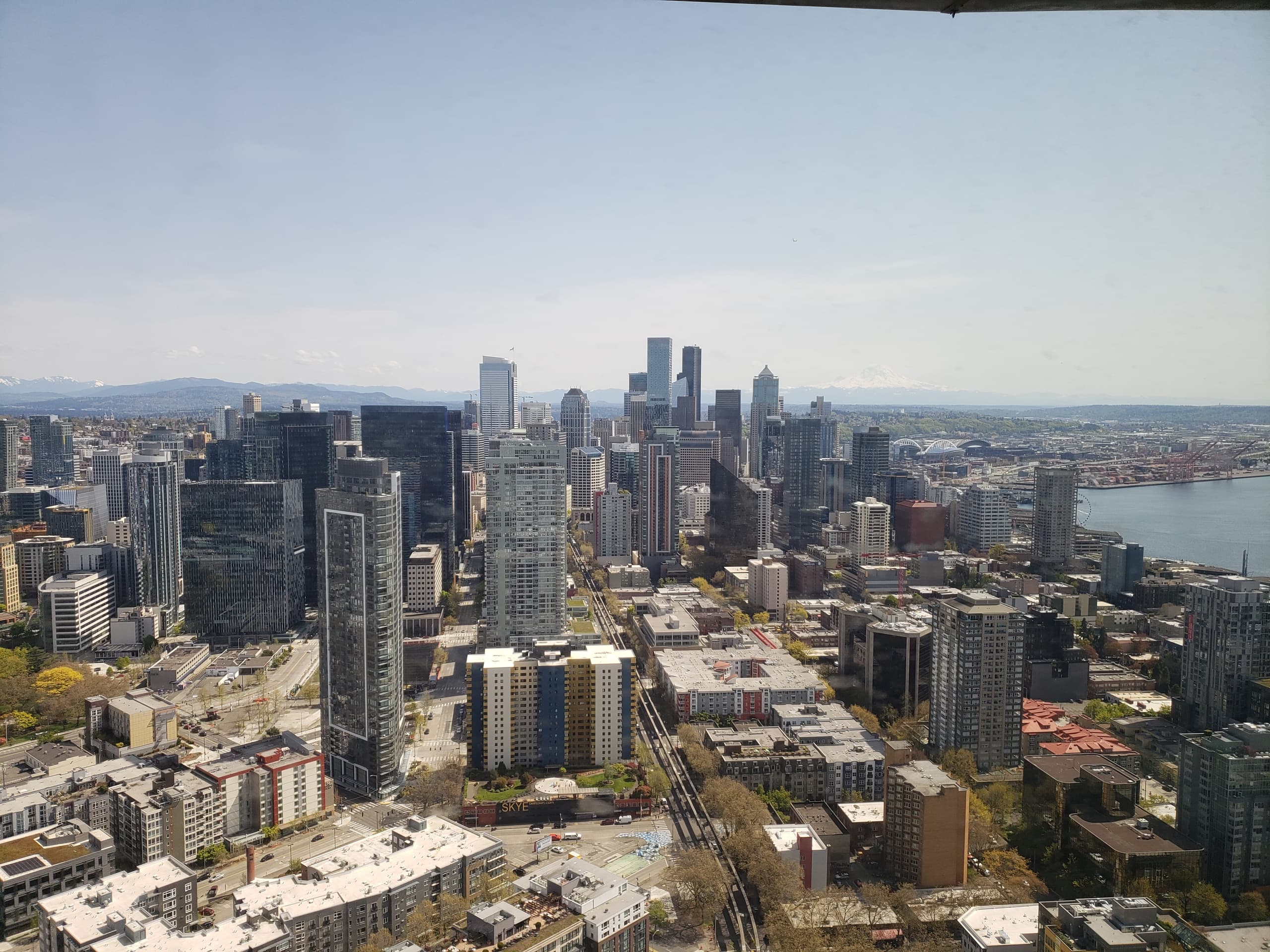 Aerial city skyline of Seattle waterfront from high viewpoint