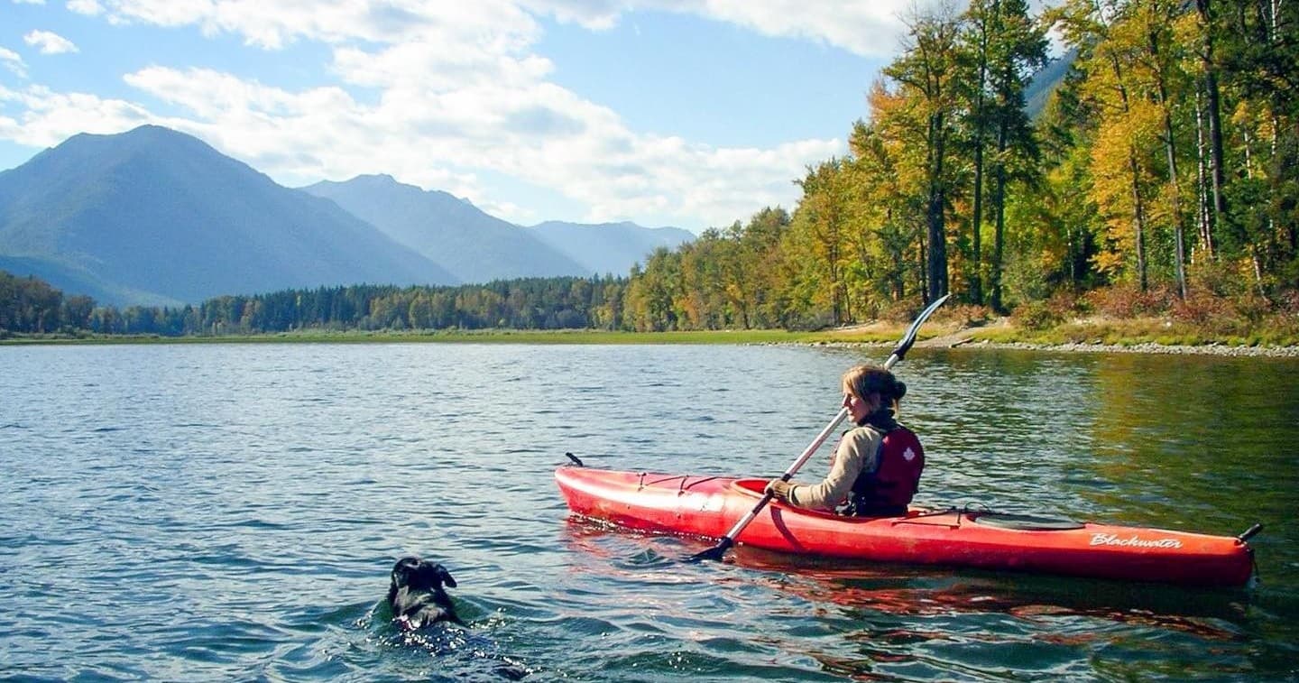 Solo kayaker paddling on mountain lake near forested shore
