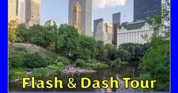 Scenic Central Park pond and skyline for guided walking tour