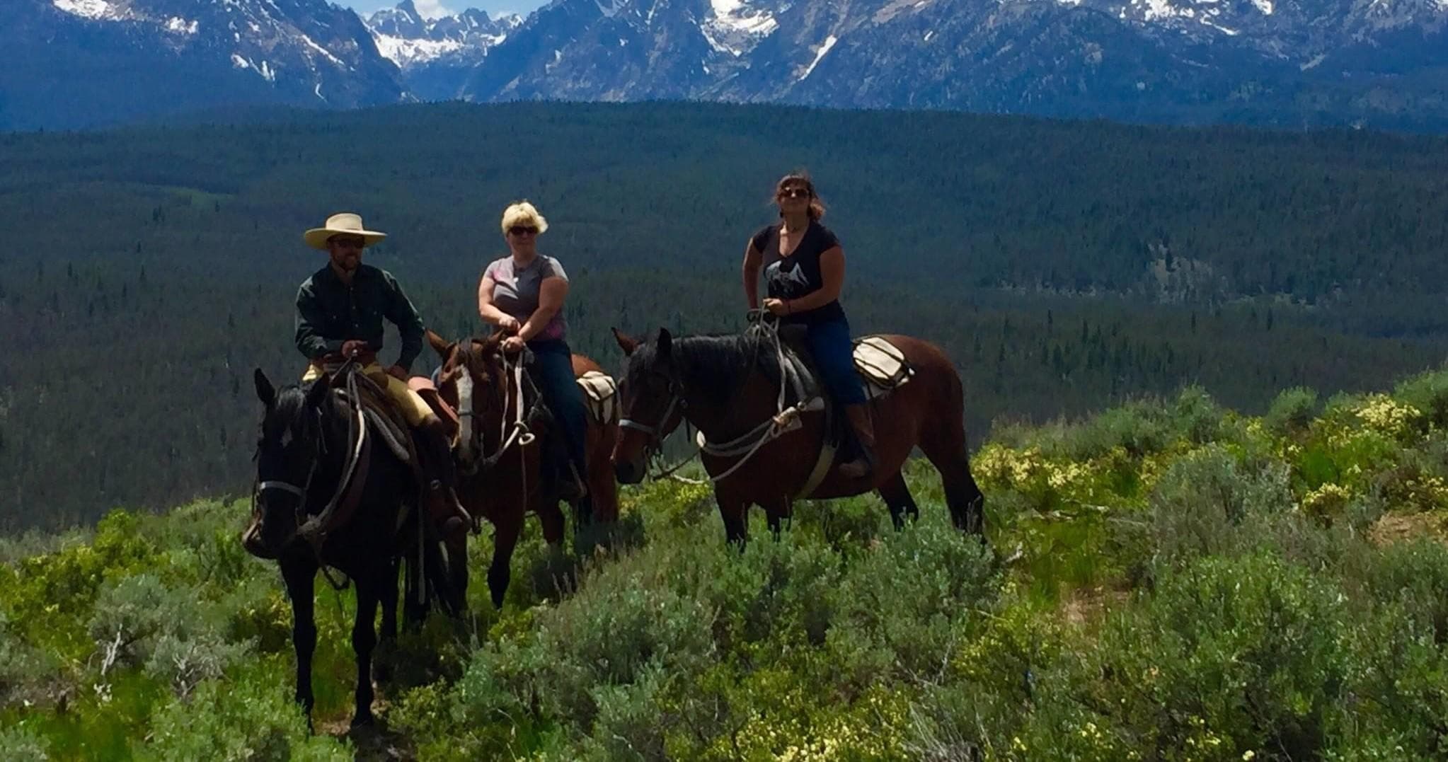 Riders on horseback overlooking alpine valley with distant peaks