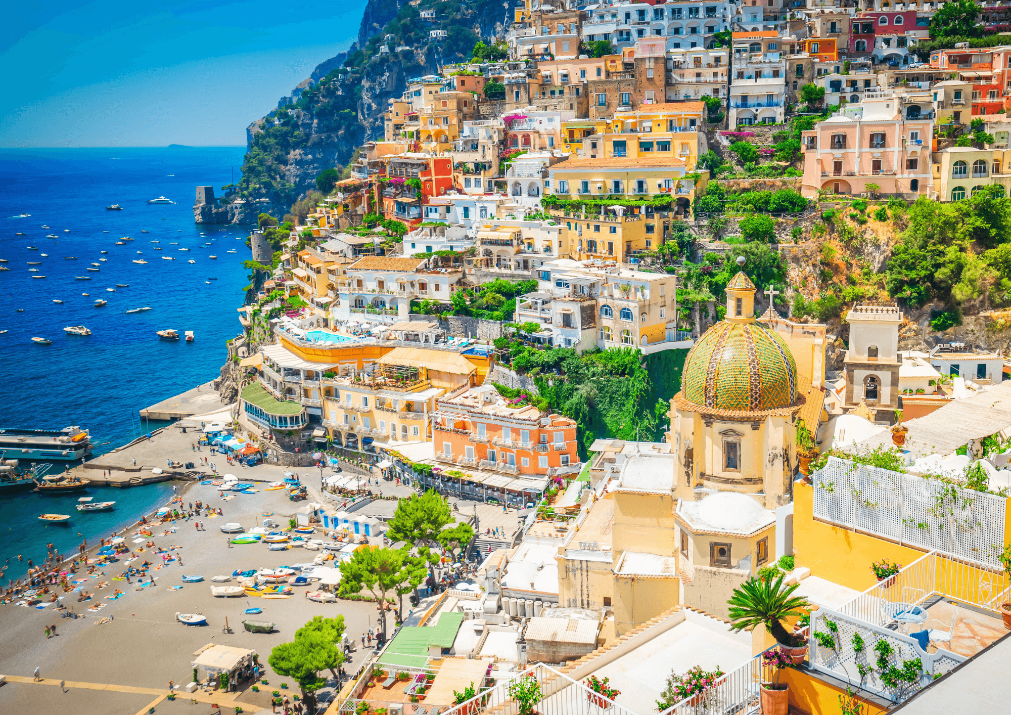 Aerial view of Positano beach and colorful cliffside town