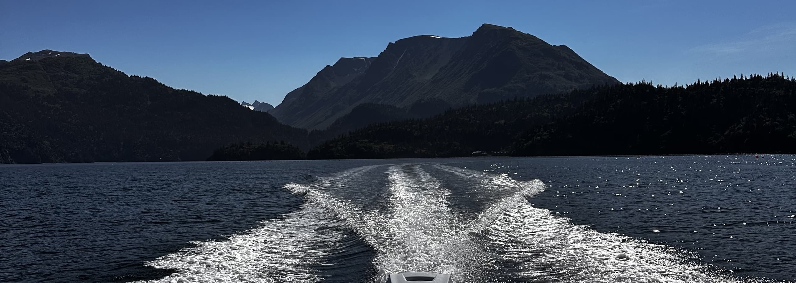Boat wake cutting through fjord waters with mountain horizon view