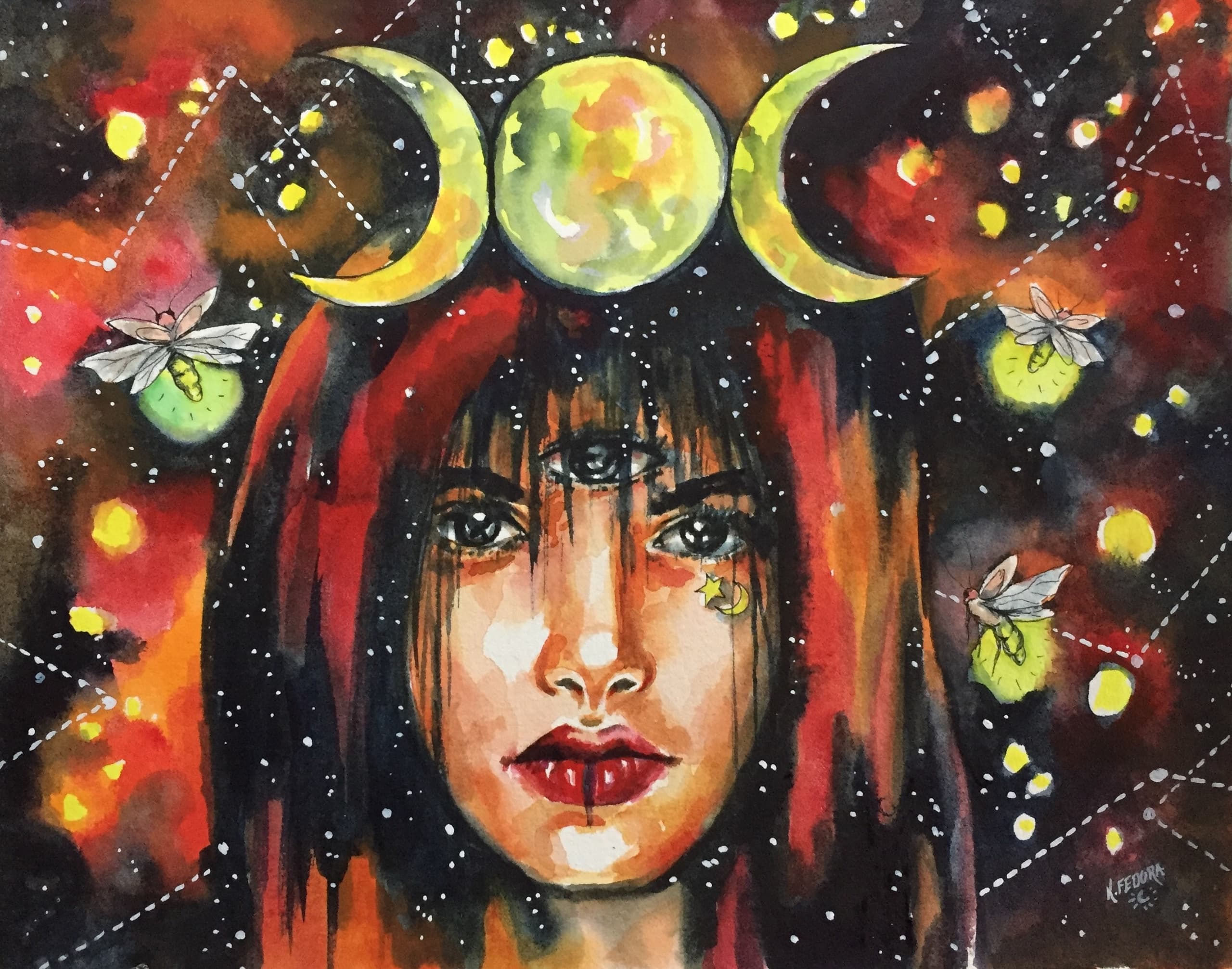 Triple moon witch portrait painting with cosmic background art