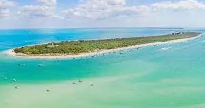 Aerial view of tropical sandbar island in turquoise Gulf waters