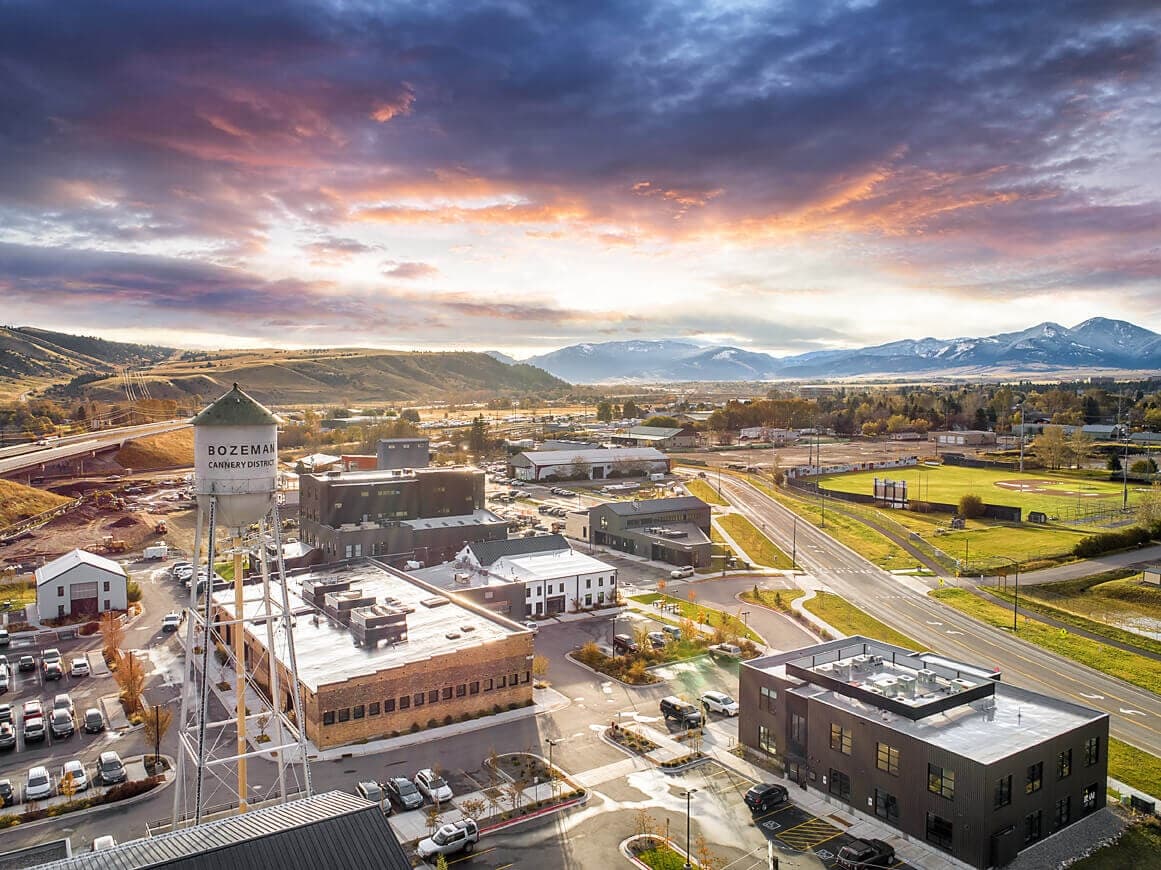 Aerial view of Bozeman valley and mountains at sunset