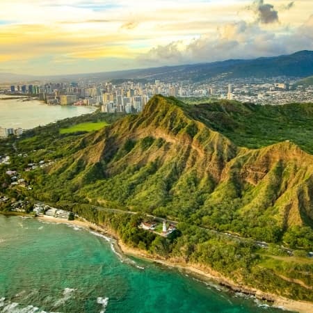 Aerial view of Diamond Head and Waikiki coastline, Oahu