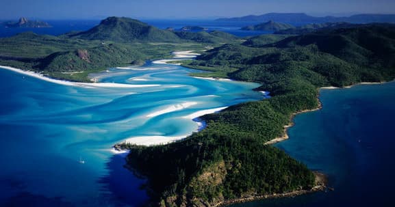 Aerial view of Whitsundays islands and turquoise bays