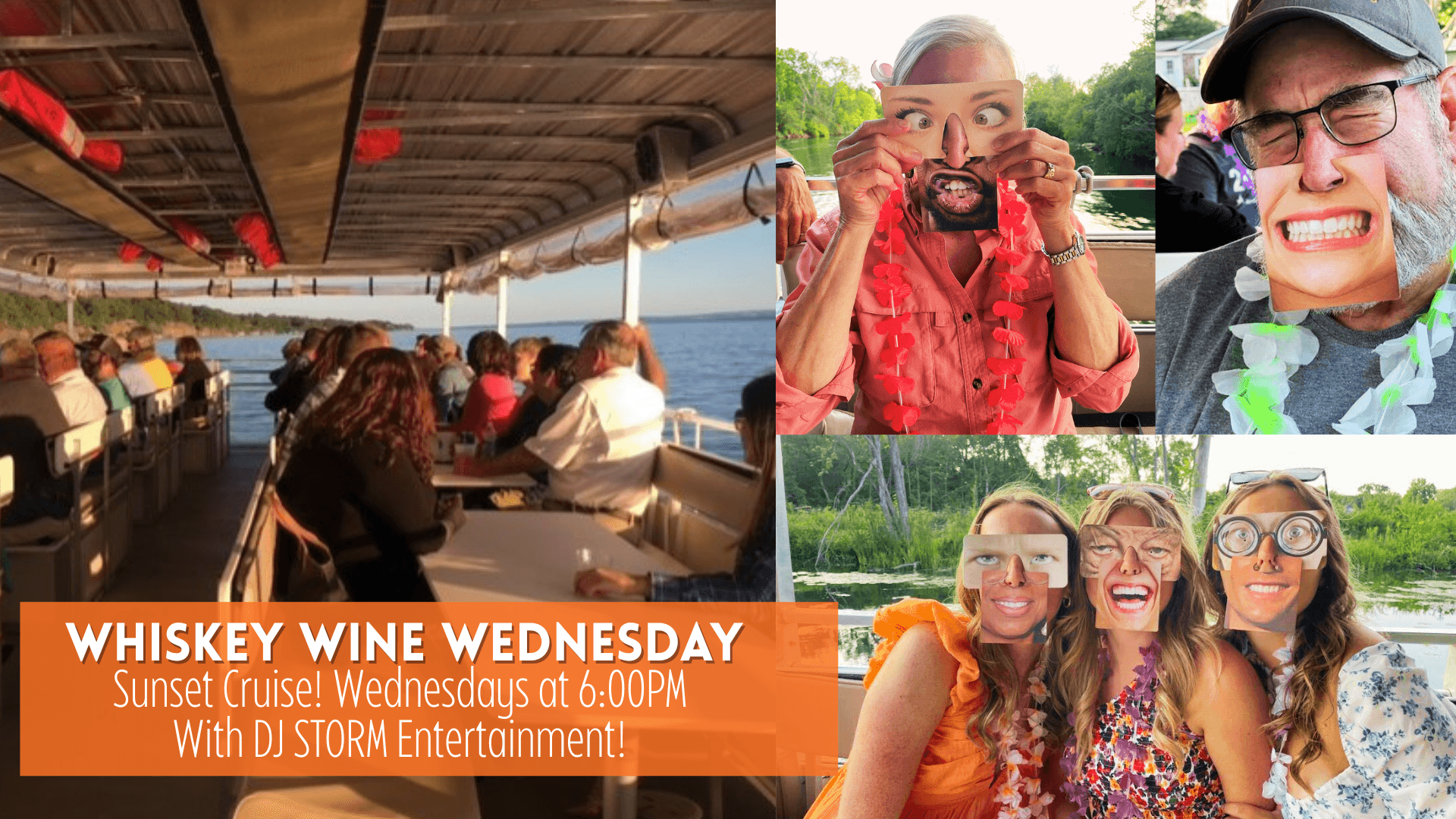 Whiskey Wine sunset cruise promotional collage on Finger Lakes