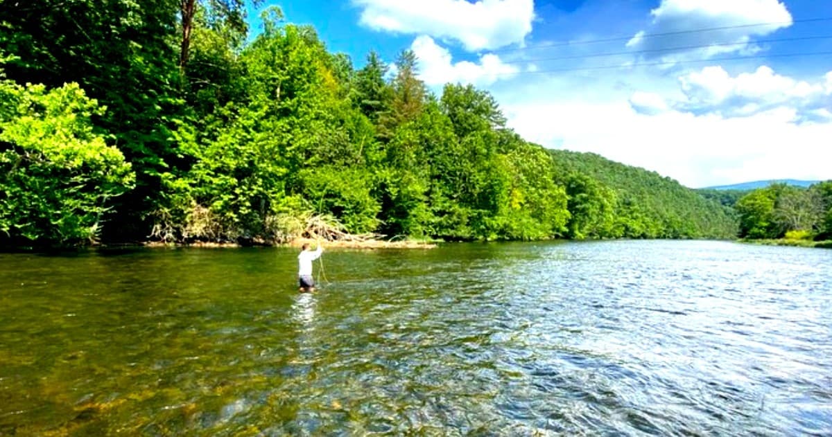 Fly angler wading in a scenic river valley, casting line