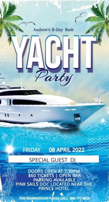 Promotional yacht party poster showing yacht at sea